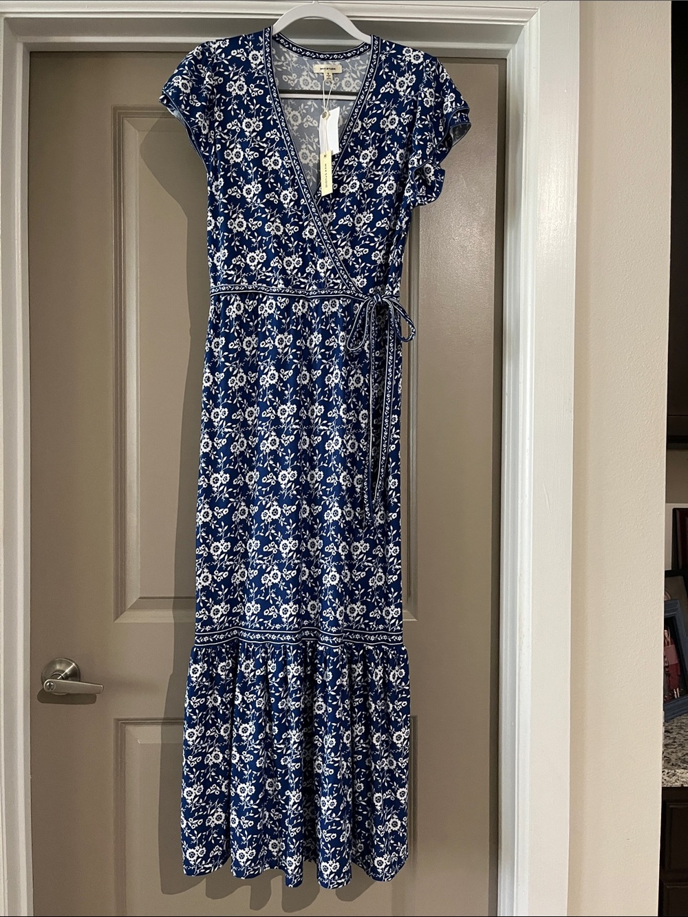 NWT Max Studio Blue and White Floral Faux Wrap Maxi Dress